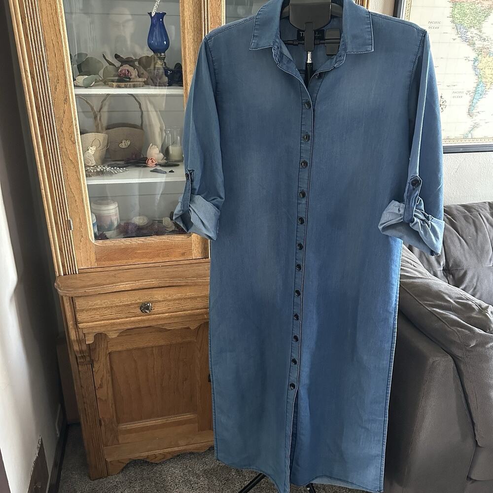 THRILL JEANS Blue Lyocell Denim Collared Button Midi Shirt Dress Open Panel L